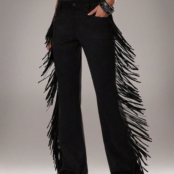 MODA ME COUTURE Pants - Black Women's Casual Flared Leg Faux Suede Fringe Side Pants
